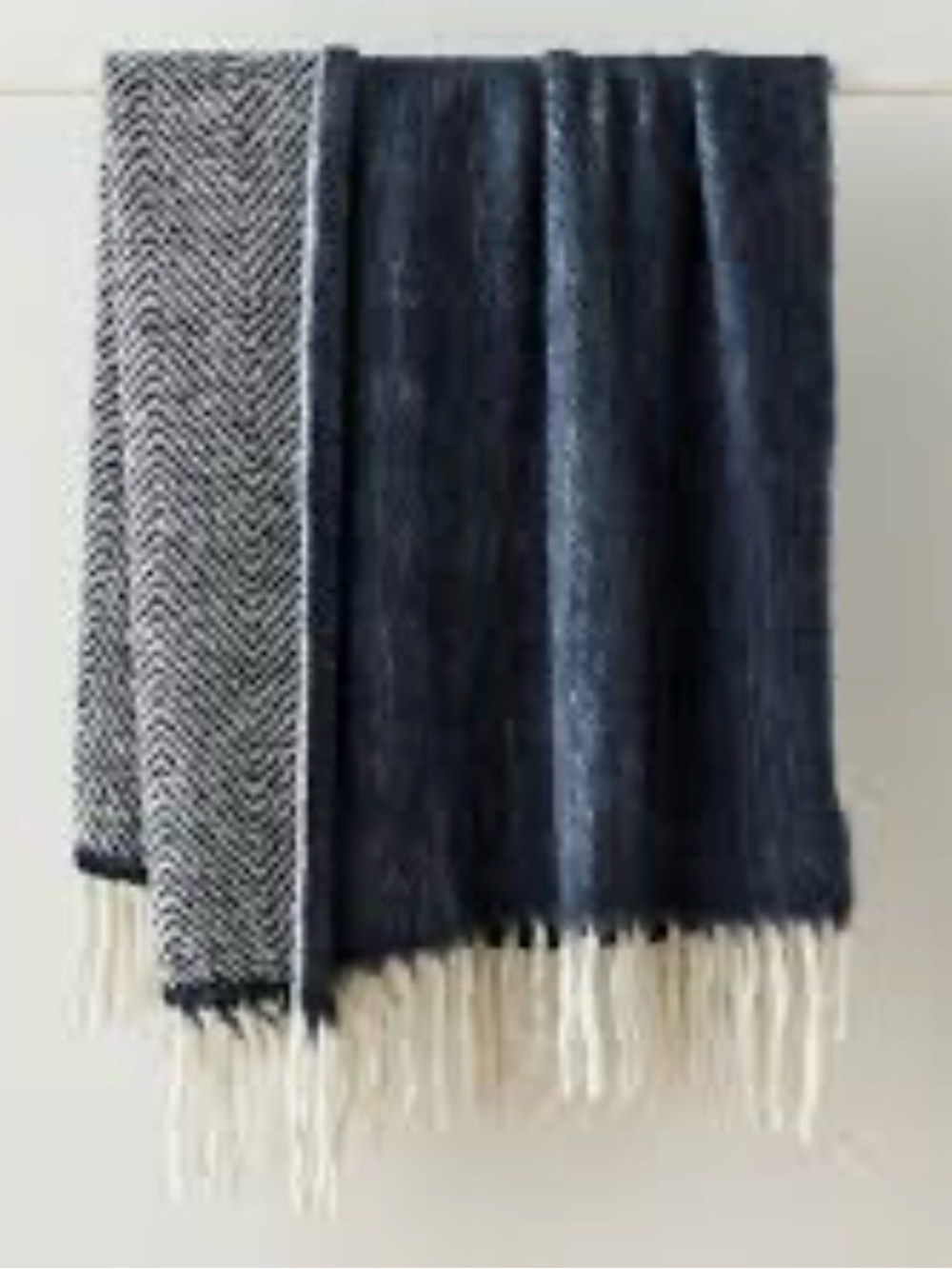 West Elm Brushed Herringbone Throw blanket home access Midnight,tassel trim